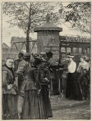 Offentlig hygien: invånare i Paris använder en av filtree-vattenfontänerna installerade i det 15:e arrondissementet. Dessa fontäner har ett Chamberland Pasteur-systemfilter. Gravyr i "Le monde illustree" från 1892. Privat samling.