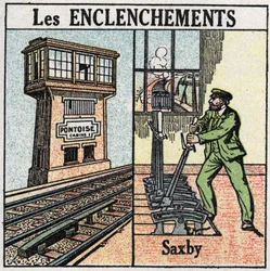 Järnvägar: förregling. En järnväg som använder en Saxby-station för individuella spakar. Anonym illustration från 1925. Privat samling.