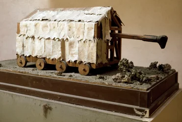 Rekonstruktion av en belier, en krigsmaskin av karthagiskt ursprung och sedan adopterad av de romerska legionärerna. Rom Museo della Civilta Romana
