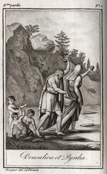 Representation av Deucalion och Pyrrha, de enda överlevande efter syndafloden orsakad av Zeus för att förstöra mänskligheten. Themis efter syndafloden ber dem att gå med huvudet täckt genom att kasta bakom sig deras mors ben (Jordens stenar) (Re