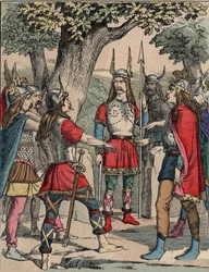 Framställning av Vercingetorix (ca 80-ca 46 f.Kr.), krigare och gallisk ledare för arvernerstammen, vald av sitt folk att leda kriget mot romarna (Porträtt av Vercingetorix, 82 f.Kr.-46 f.Kr., hövding för arvernerstammen, vald av sitt folk att ta