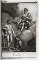 Representation av Vulcan, eldens gud, smedjan och vulkanerna. (Vulcan, eldens och vulkanernas gud). Gravyr från 1819 i "Lettres a Emilie sur la mythologie" av Charles Albert Demoustier (1760-1801). Privat samling.