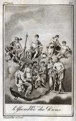 Representation av gudarnas församling på berget Olympen eller tolv olympier. Gravyr från 1819 i "Lettres a Emilie sur la mythologie" av Charles Albert Demoustier (1760-1801). Privat samling.