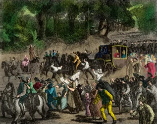 Kungafamiljens återkomst till Paris efter hans flykt till Varennes 1791, Gravyr, Privat samling