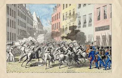 Revolution de Juillet 1830 a Paris (Julirevolutionen 1830) Anonym gravyr och akvarell 1830 Dim 25,7x40,3 cm Privat samling