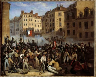Revolutionen 1830 - "" The Charter or Death"" (slaget den 28 juli, förmodligen rue Saint-Antoine) - "" Episod of the Julydays 1830"". Revolutionen 1830. Anonym målning