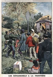 Romanichels på gränsen: de franska gendarmerna förvisar nomadfamiljer till den tyska gränsen eller tyska gendarmer hindrar dem från att tränga in i deras land. Gravyr i "" Le Petite Journal"", den 8/09/1912. Privat samling.