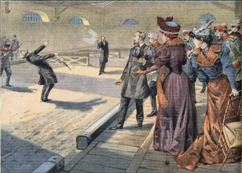 De ryska generalerna Smyrnoff och Fock slåss i en duell. Gravyr från tidningen "" Le Petite Parisien"", 1908-04-05. Privat samling.