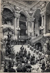 Ryska sjömän klättrar upp för den stora trappan under en galakväll på Opera Garnier i Paris. Gravyr i "" Le Petit Parisien"" den 29/10/1893.