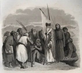Sankt Athanasius av Alexandria (Athanasius den store) (295-373) på besök i Egyptens solitärer. Gravyr från 1846 i "" Lives of the saints"". Privat samling.