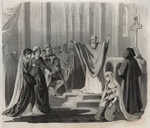 Saint Dunstan (ca 909-988), eveque av Canterbury, benediktinare och reformator av klosterlivet i England, tillkännager sin förestående död för folket. Gravyr från 1846 i "" Lives of the saints"". Privat samling.