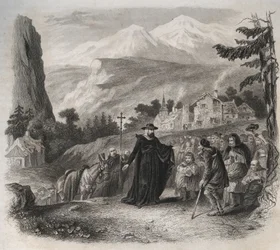 Saint Francois-de-Sales (Saint Francois de Sales) (1567-1622), eveque i Genève på ett pastoralt besök. Gravyr från 1846 i "" Lives of the saints"". Privat samling.
