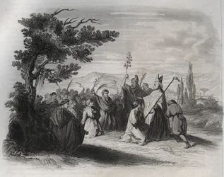 Saint Hilaire de Poitiers (310-368) återvänder från exil. Gravyr från 1846 i "" Lives of the saints"". Privat samling.