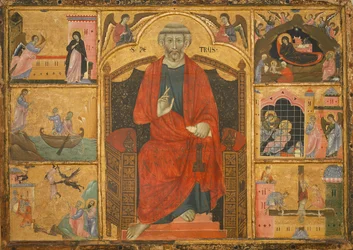 Sankt Peter på en tron omgiven av bibliska scener (målning på trä)