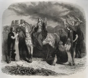 Saint Radegonde (Radegonde de Poitiers, 519-587) brände ett Paian-tempel och omvandlade gallerna till den kristna religionen. Gravyr från 1846 i "" Lives of the saints"". Privat samling.