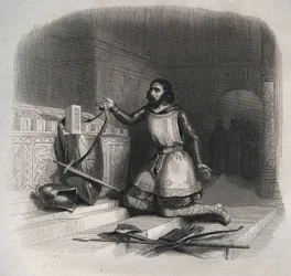 Den helige Vilhelm av Aquitaine (Guilhem av Gellone) (ca 750/755-812/815) placerar sina armar på Martyrens grav i Brioude. Gravyr från 1846 i "" Lives of the saints"". Privat samling.