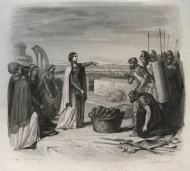 Sainte Genevieve delade ut mat till folket under belägringen av Paris av hunnernas armé av Attila år 451 (barbarinvasioner). Gravyr från 1846 i "" Lives of the saints"". Privat samling.