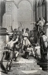 Saturnin av Toulouse (Saint Sernin, första kristna eveque av Toulouse) (3:e århundradet) stannade vid huvudstaden i Toulouse - Gravyr från 1846 i "Lives des saints"". Privat samling.