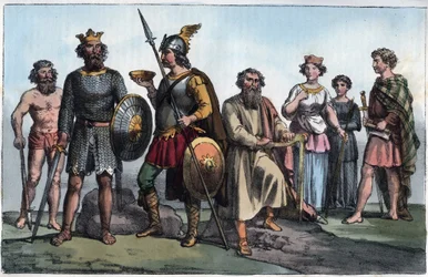 Saxisk krigare och anglosaxare - saxisk krigare och anglosaxarna - gravyr ur "Usi e Costumi di Tutti i Popoli dell