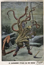 Scaphandler attackerad av en bläckfisk. Gravyr i "" Le petit Journal"", den 16/06/1912. Privat samling.