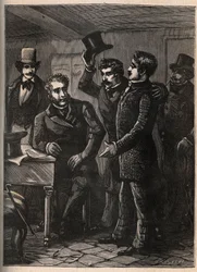Sergeant Charles Goubin (1798-1822) arresteras av Eugene-Francois (Eugene Francois) Vidocq - gravyr i "The four sergeants of La Rochelle grand rect historique et dramatique"" av Jules Beaujoint - Runt 1900