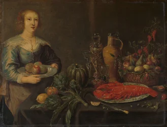 Tjänarinna vid ett matbord, ca 1635-1645 (olja på koppar)