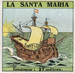 Fartyg och fartyg: Santa Maria, Christofer Columbus karavell (1451-1506) när han upptäckte Amerika 1492. Anonym illustration från 1925. Privat samling.