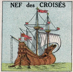 Skepp och skepp: kung Saint Louis (1214-1270) kungliga långhus "Montjoie" under korstågen. Anonym illustration från 1925. Privat samling.