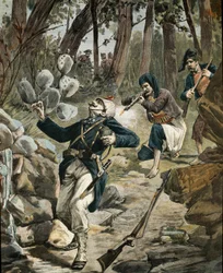 Skottlossning mellan sardiska banditer och italiensk armé i skogen (gravyr)