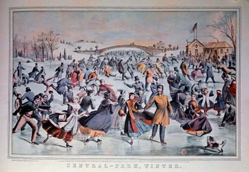 Skridskoåkning på den frusna sjön Central Park i New York City, USA. 1800-talets privatsamling