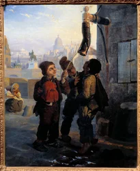 Liten skorstensskorsten förvrängd till vattnet i en pump på Quai du Louvren 1830 Anonym målning. 1830 Sön. 0,45x0,38 m