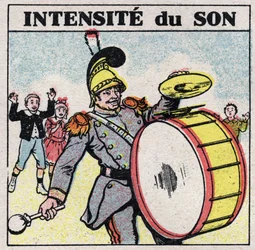 Ljudenergi: intensivt ljud. Bastrumman i ett militärband. Anonym illustration från 1925. Privat samling.