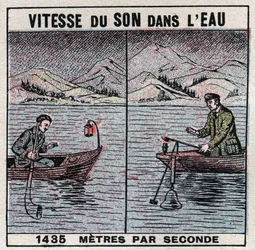 Ljudenergi: ljudets hastighet i vatten. Experiment från 1826-1827 av Jean Daniel (Jean-Daniel) Colladon (1802-1893) och Charles François Sturm (1803-1855) på Genèvesjön (Lac Léman). Två båtar förtöjda 14 km från varandra, en av båtarna hade en klocka, en