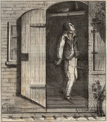 Självmord på straffkolonin i Rochefort år 1840. Gravyr i ”Histoire des bagnes depuis leur création à nos jours” (1877) av Pierre Zaccone (1817-1895) (Straffkoloni). Privat samling.