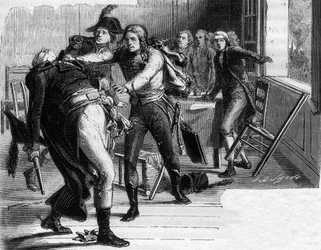 Nicolas-Joseph Beaurepaires självmord (1792) efter beslutet att återlämna Verdun till preussarna - gravyr i „Histoire des Girondins” av Alphonse de Lamartine (1790-1869), 1865-1866 - privat samling