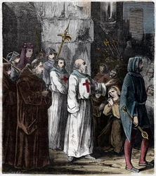 Tempelherreordern: Jacques de Molay (Molai) stormästare av Tempelherreorden och flera av hans följeslagare anklagas för kätteri och utsvävningar av kung Filip IV dit le bel et avrättas 4 mars