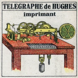 Telegraf: elektrisk telegrafskrivare av David Edward Hughes (1831-1900). Anonym illustration från 1925. Privat samling.