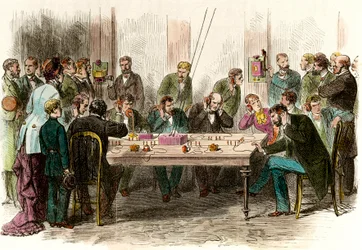 Telefoniupplevelse i väntrummet på stationen Saint Lazare (Saint-Lazare) i Paris den 6/09/1879. Gravyr av 1800-talets privatsamling