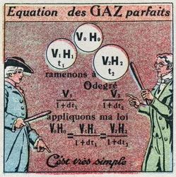 Temperatur och expansion: perfekt gasekvation erhållen genom Louis-Joseph Gay-Lussacs lag (Louis Joseph Gay Lussac) (1778-1850) och Edme Mariottes lag (ca 1620-1684). Anonym illustration från 1925. Privat samling.