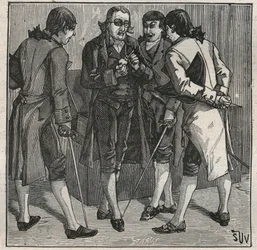 Test av den bresilianska falska diamanten av John Mawe (1764-1829) brittisk mineralog. Gravyr från 1885 i "" Les arts et metiers illustres"" av Adolphe BITARD.