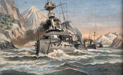 Den amerikanska flottan i Magellan Detroit. Gravyr från tidningen "" Le Petro Parisien", 1908-02-23. Privat samling.