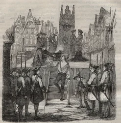 Chevalier François-Jean Lefebvre de La Barre (François Jean Lefebvre de La Barre) bestiger schavotten år 1766. Gravyr i «Histoire des bagnes depuis leur création à nos jours» (1877) av Pierre Zaccone (1817-1895), straffkoloni