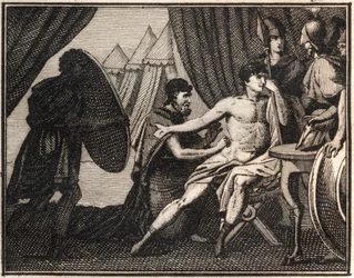 Epaminondas död (efter striden mot spartanerna vid Mantineia 362 f.Kr.). Gravyr från "" Ungdomens Rollin eller utvalda stycken av antika och romerska berättelser"" 1816. Privat samling.