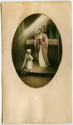 Eukaristin, nattvarden, altarets sakrament: ett barn framför Jesus (gravyr)
