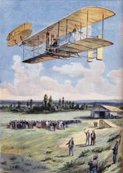 The Flying Men: Wilbur Wrights upplevelser (1867-1912) ovanför Hunaudieres racerbana, nära staden Le Mans. Gravyr från tidningen "" Le Peute Parisien"", den 30/08/1908. Privat samling.