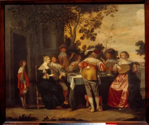 The Gallant Scene kortspel med ett par spelare och musiker. Anonym målning. Lille från 1600-talet, Musee des Beaux Arts