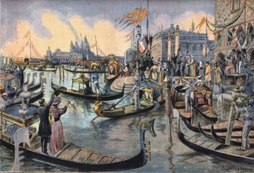 Den tyske kejsaren Vilhelm II av Preussen (1859-1941) i Venedig. Gravyr från tidningen "" Le Peute Parisien"", 1908-04-12. Privat samling.