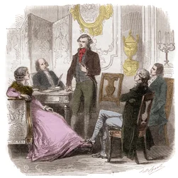 Girondinerna i hemmet Madame Roland - Reunion des Girondins chez Madame Roland (Manon (Jeanne Marie) Roland Philipon) (1754-1793) - Gravyr i "Histoire des Girondins" av Alphonse de Lamartine (1790-1869) 1865-1866 samling