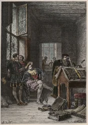 Kungen av Frankrike Francois I (1494-1547), beskyddare av konster och bokstäver, besöker boktryckarna Estiennes (Robert Estiennes) verkstäder, cirka 1540 (Kungen av Frankrike Francis I besöker de kungliga typograferna Estiennes verkstäder