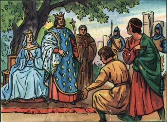 Kungen av Frankrike Saint Louis (Louis IX 1214-1270) gör rättvisa under eken i Bois de Vincennes. Anonym illustration i ""Samling av Frankrikes suveräner och statschefer"". 1900-talet. Privat samling.